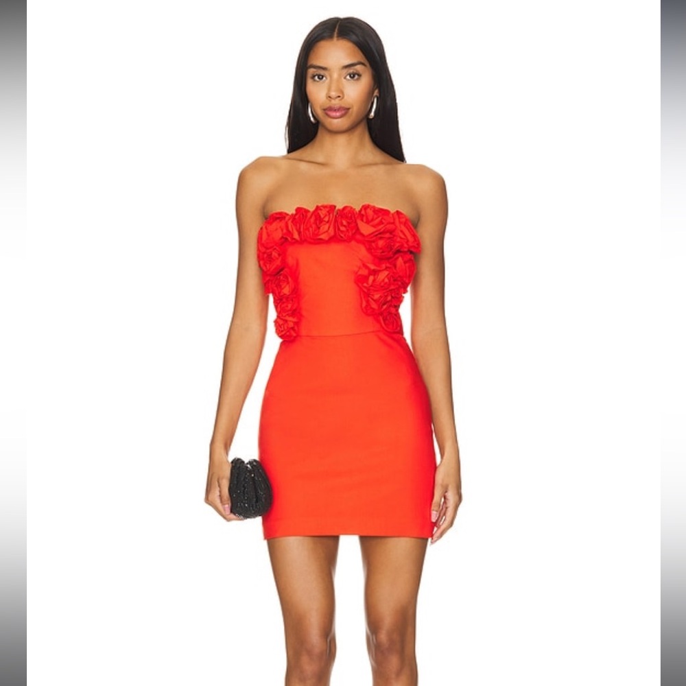 NBD Strapless Red Orange Rose-Applique Mini Dress